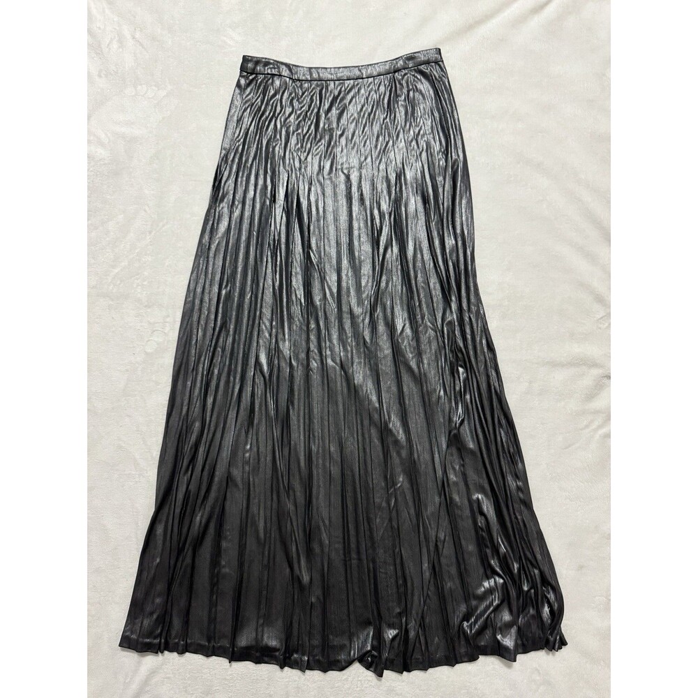 Catherine Malandrino Skirt Sz 8 Gray Metallic Pleated Side Zip Maxi Gunmetal